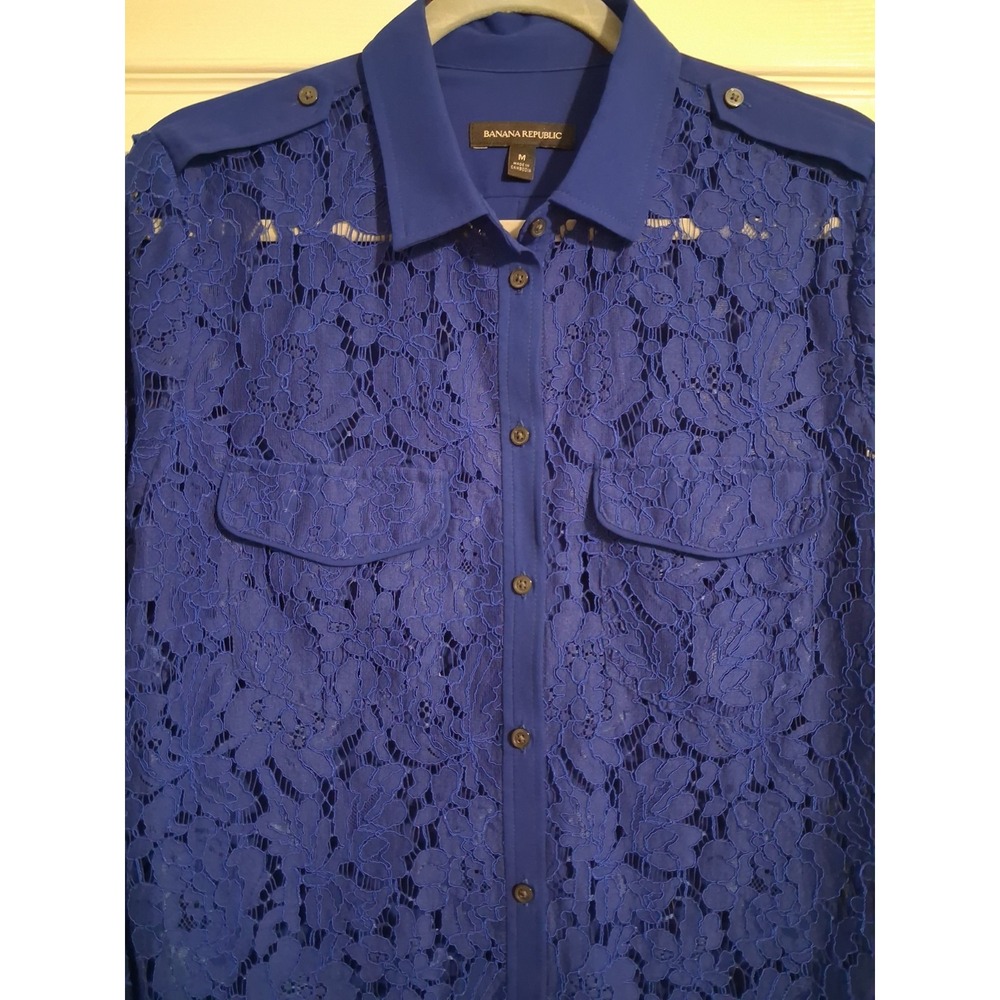 Banana Republic M Cobalt Blue Floral Lace Button Down Blouse Military Sheer - Picture 8 of 12